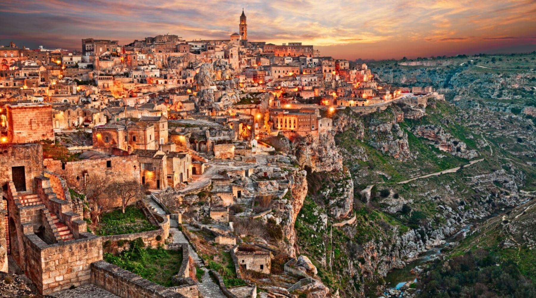 Dawn over ancient Sasso Caveoso, known for its cave dwellings, in Matera, Italy