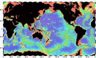 Map of the mid-ocean ridge system (yellow-green) in the Earth’s oceans.