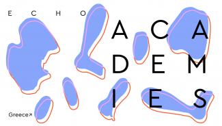 Lila abstract colour panes on a white background with the black letter "Echo Academies" 