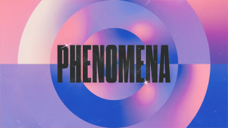Capitalised letters saying PHENOMENA on a colour palette including lila, violet, white, and shades of blue