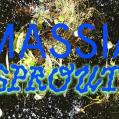 Text in shades of blue saying MASSIA SPROUT on an abstract dark background