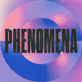 Capitalised letters saying PHENOMENA on a colour palette including lila, violet, white, and shades of blue