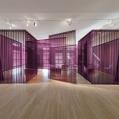 A purple spatial installation in a white cube gallery space.