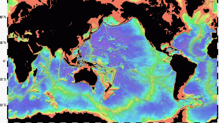 Map of the mid-ocean ridge system (yellow-green) in the Earth’s oceans.