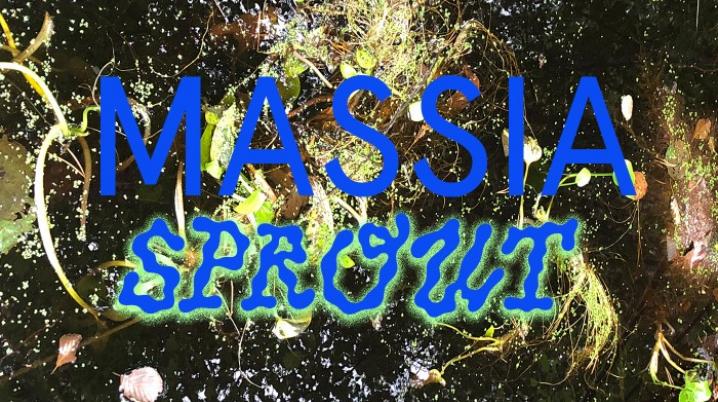 Text in shades of blue saying MASSIA SPROUT on an abstract dark background
